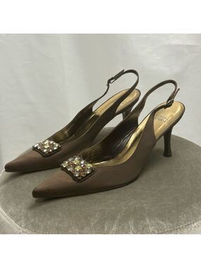 Stuart Weitzman brown satin sling back low heel gem jewelled buckle formal Sz 11